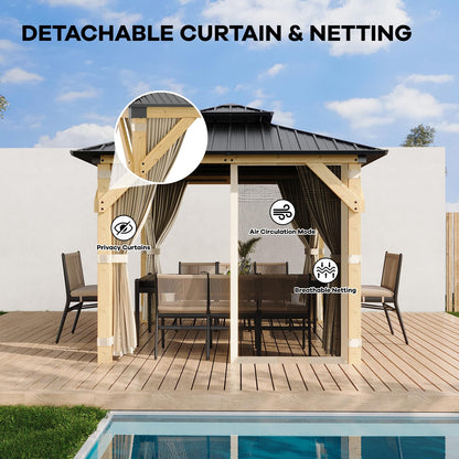 10 x 10 Ft Wood Gazebo, Hardtop Gazebo with Galvanized Steel Peak Roof, Outdoor Pavilion with Curtains and Netting, Patio Permanent Wooden Pavilion, Shade for Garden, Patio, Deck