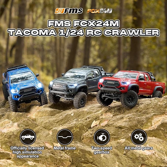 FMS FCX24 TOYOTA TACOMA 1/24 RC Crawler 4x4 RC Truck Crawler Official Licensed Scale RC Rock Crawler with 2-Speed Transmission High Torque Motor All-Metal Bearings RTR RC Car for Adults (GRAY)
