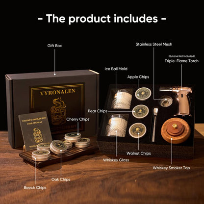 VYRONALEN Whiskey Smoker Kit with Torch, 6 Wood Chip Flavors, 2 Heavy Whiskey Glasses, 2 Ice Ball Molds, Cocktail Smoker Kit for Old Fashioned, Bourbon & Drinks, Gift Set for Men, Father (No Butane)