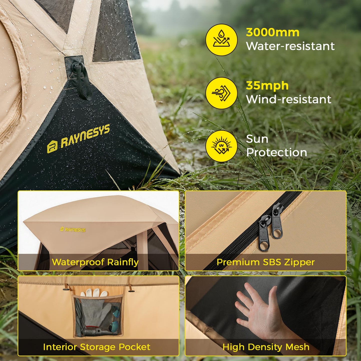 Camping Tent, 4 Person Tent for Camping, Setup in 60 Seconds, 4 Person Pop up Tents, Hub Tents, Water-Resistant, Windproof, Instant Cabin Tents with Rainfly & Carry Bag for Outdoor Camping
