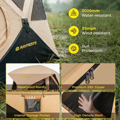 Camping Tent, 4 Person Tent for Camping, Setup in 60 Seconds, 4 Person Pop up Tents, Hub Tents, Water-Resistant, Windproof, Instant Cabin Tents with Rainfly & Carry Bag for Outdoor Camping