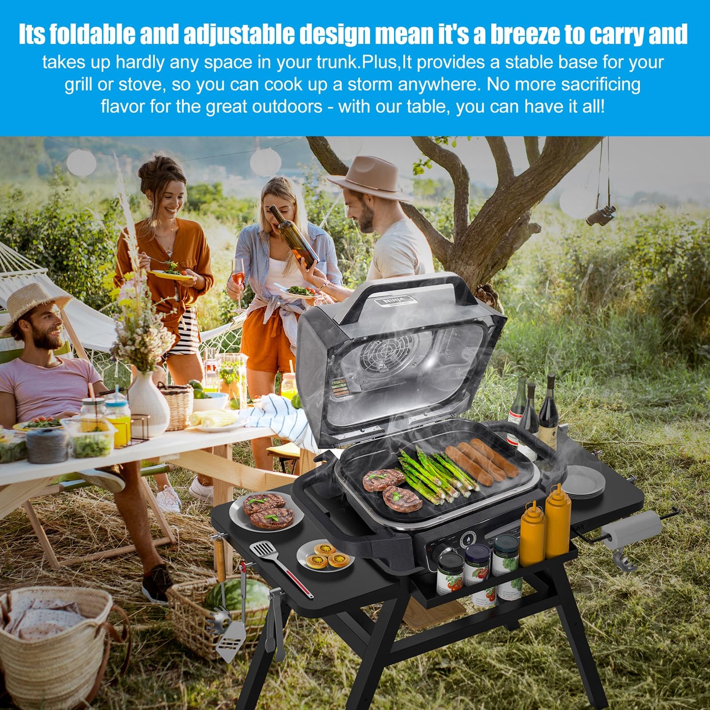 Grill Stand for Ninja Woodfire Outdoor Grills, Portable Adjustable Grill Cart Table for Ninja XSKUNSTAND OG700 OG800 OG900 OO101 Series & for Artisan MO201 Pizza Oven Stand Accessories with Shelves