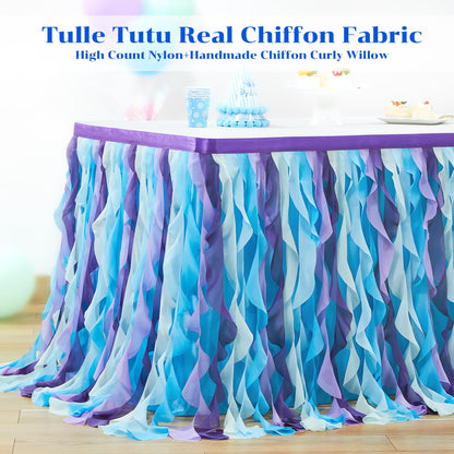 Partisky Mermaid Tulle Tutu Ruffle Curly Willow Table Skirt for Rectangle Table 14ft, Mermaid Themed Party Table Cloth for Girls Birthday Party or Baby Shower