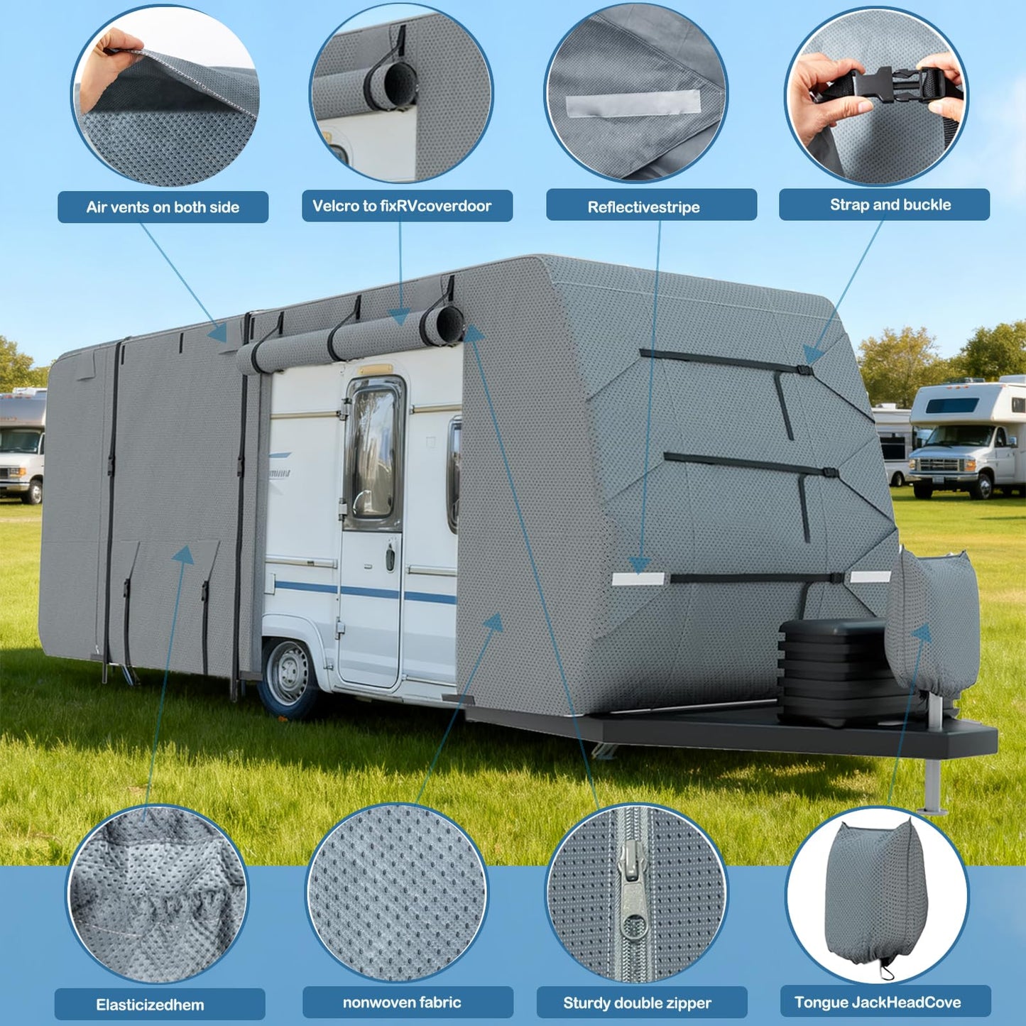 Travel Trailer RV Cover Fits Camper Cover, 7 Layers Heavy Duty RV & Trailer Cover, Toy Hauler Cover with Tongue Jack Cover Extra Windproof Straps Gutter Covers (24-27FT)
