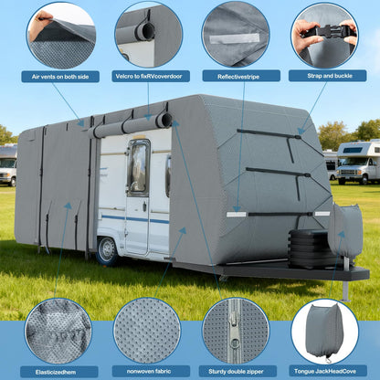 Travel Trailer RV Cover Fits Camper Cover, 7 Layers Heavy Duty RV & Trailer Cover, Toy Hauler Cover with Tongue Jack Cover Extra Windproof Straps Gutter Covers (24-27FT)