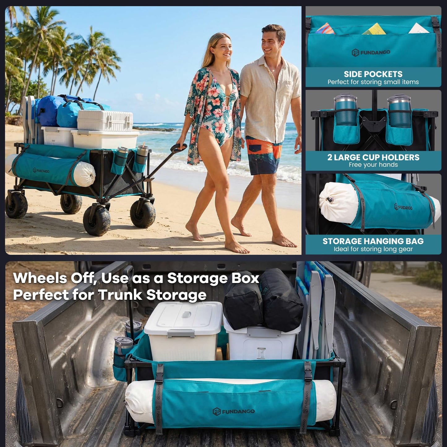 FUNDANGO Heavy Duty Beach Wagon with 9" Big Sand-Proof Wheels, 300L Large Beach Wagons with Balloon Wheel, Folding Collapsible All Terrian Cart with Side Pockets for Sports, Camping, Pump Included