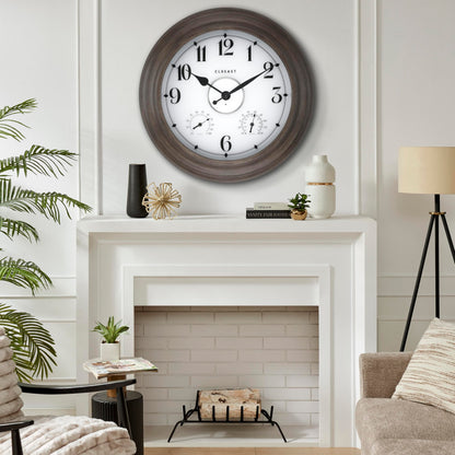 CLXEAST 24 Inch LED Illuminated Outdoor Clocks Waterproof with Thermometer & Hygrometer, Large Lighted Metal Wall Clock with Smart Night Light Sensor,Grey Oak Finish,House Warming Gifts New Home