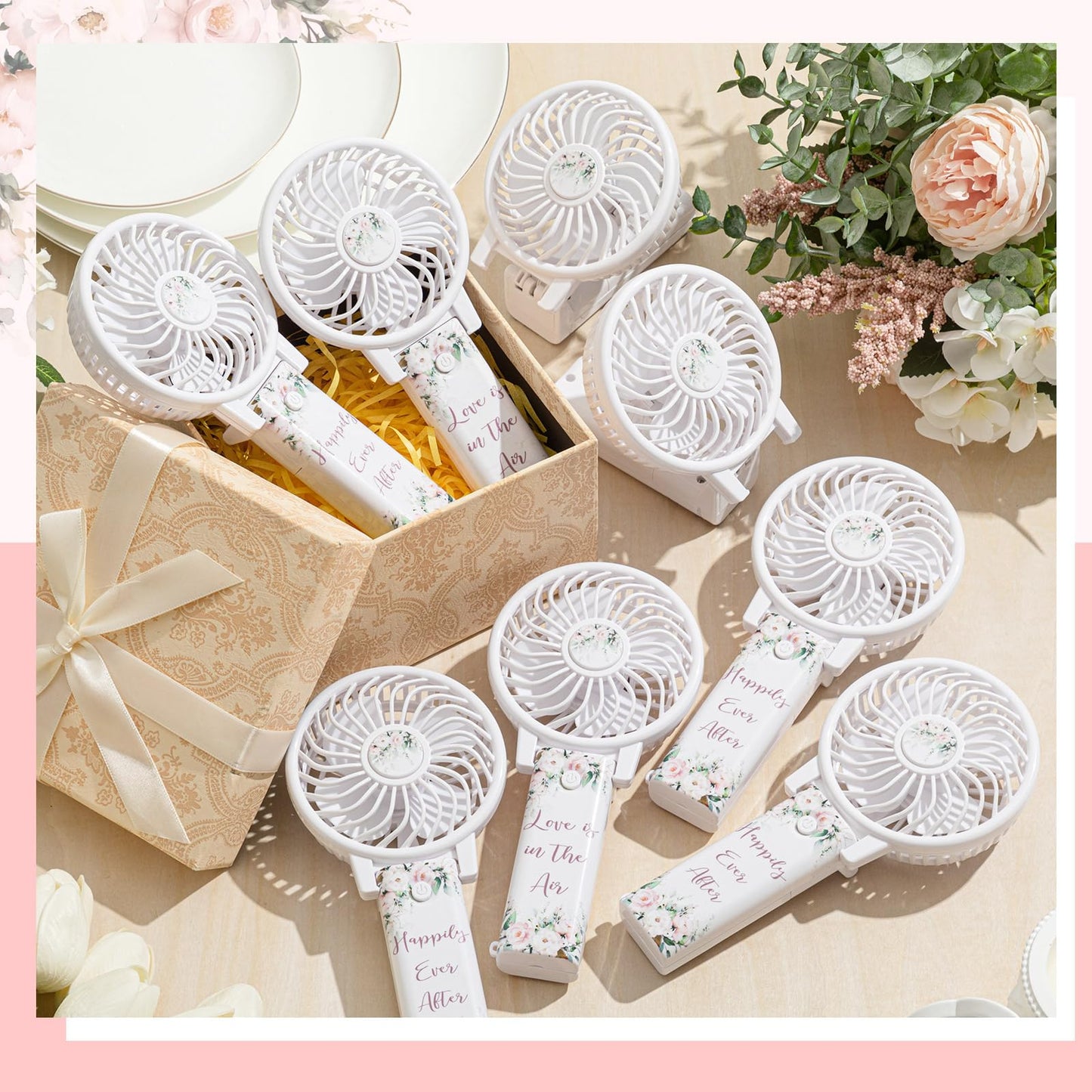 CroBlissful 48 Pcs Mini Wedding Portable Fans for Guests 180° Foldable Electric Pink Flowers Desk Fan Personal Handheld Fans Gifts Bulk for Wedding Bridal Outdoor Summer Desk Office Travel Makeup