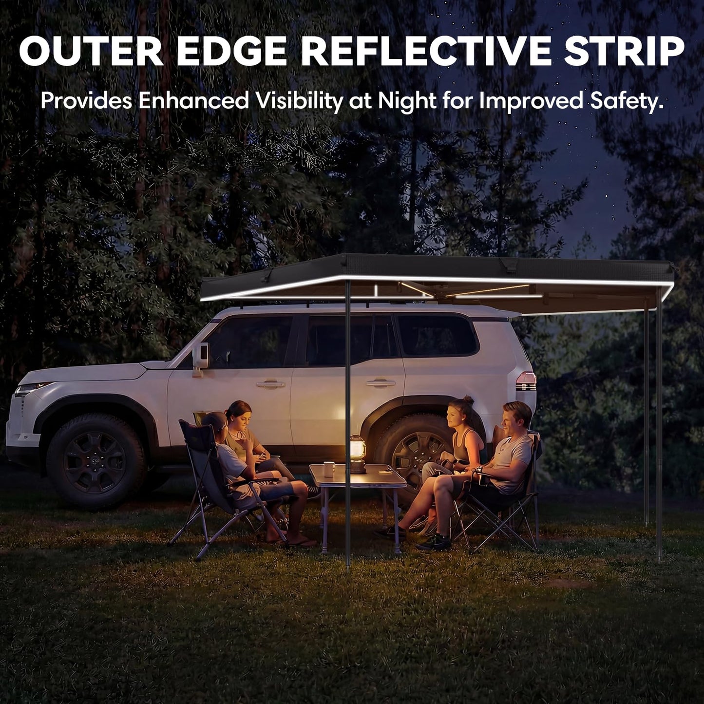 EROMMY 270 Degree Car Side Awning with Built-in LED Light, Fan-Shaped Wide Coverage for SUV, Van, Camper and Truck, Waterproof Overland Camping Shelter