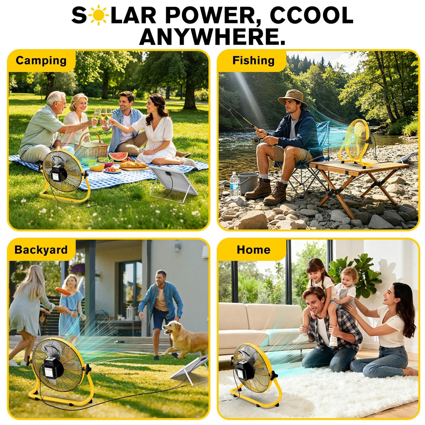 ZMLBTF 16" Solar Powered Fan with 20W Solar Panel & Rechargeable Battery, Portable, Quiet 12 Speed, 360° Tilt Head for Outside, Camping, Travel, Greenhouse, Chicken Coop, Patio, gazebo (Yellow)