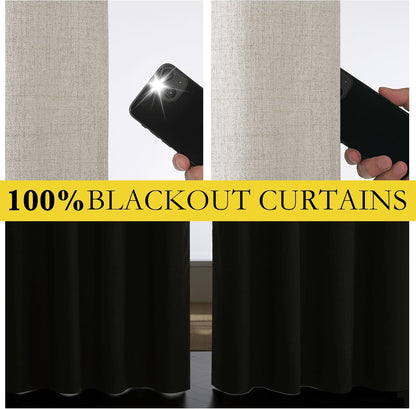NICETOWN Vintage Open Linen Weave Flax Thermal Curtains - 100% Blackout, 63" Long, Set of 2 | Soundproof Drapes for Dining Room & Gym Room, 42" Wide Each