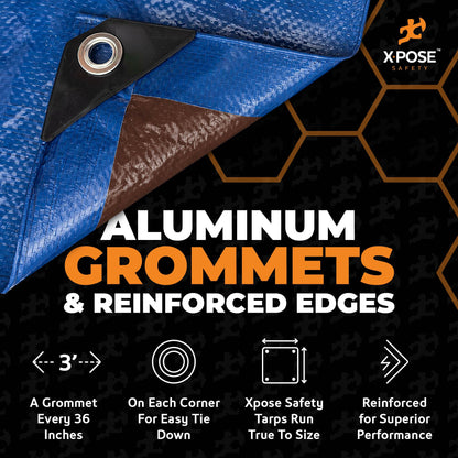 Xpose Safety 30’ x 50’ Heavy Blue/Brown Tarp - Waterproof - 7 Mil Weatherproof Camping Tarp for Tent, Rain, Wind & Sun - Plastic Tarpaulin Cover Outdoor for Roof, Trailer, RV, Car, Boat