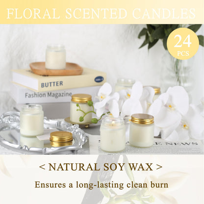 Cmoott 24 Pcs 4 Oz Mason Jar Candles, Vanilla Scented Soy Candles Bulk Set for Stress Relief and Relaxation, Great Favors for Wedding, Christmas, Housewarming Gifts (Gold,Frosted Glass, Vanilla, 24)