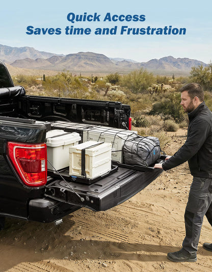 JOYTUTUS Truck Bed Slide Out Compatible with Ford Silverado Ram GMC Sierra Gladiator Toyota Tacoma, Adjustable Length HDPE Heavy-Duty Cargo Storage Tray, Max 350 LBS