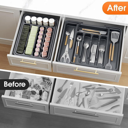 SpaceHacks Silverware Organizer - Adjustable & Expandable Utensil Holder | BPA-Free Cutlery Tray in Medium Grey