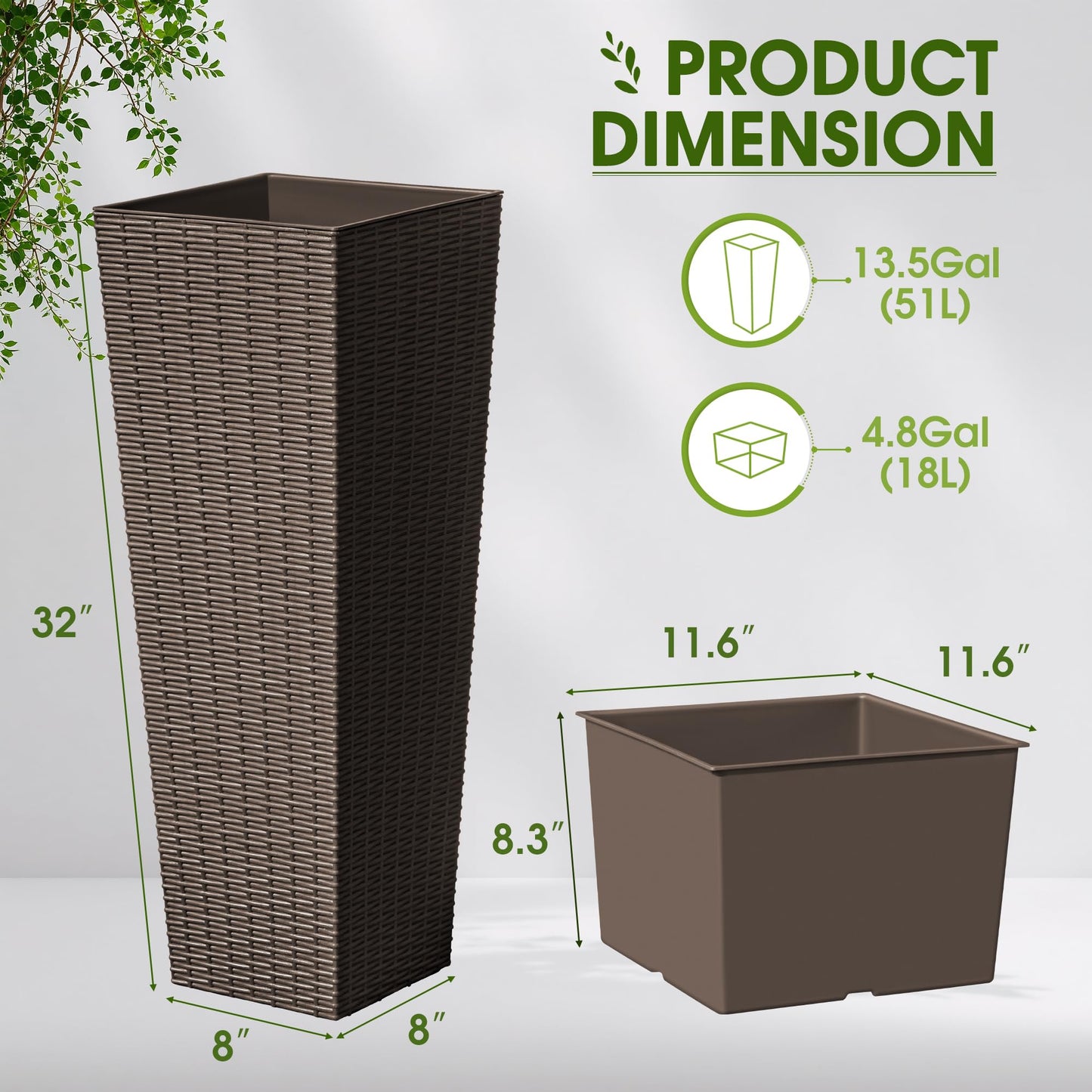 Devoko Resin Tall Planters for Outdoor Plants Set of 2, Large Taper Outdoor Planter Pots with 4 Drainage Holes, Flower Pots Modern Decor for Porch, Patio, Backyard, Home Garden (Brown, 32")