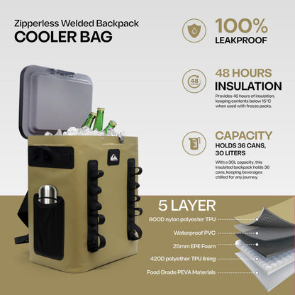 Quiksilver Zipperless Backpack Cooler 30L, Holds 36 Cans, 48 Hour Insulation, Leakproof & Waterproof Design, Heavy Duty TPU, IPX7, Padded Straps, Kangaroo Pockets, Bottle Opener (Cornstalk)