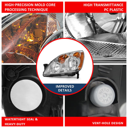 ADCARLIGHTS Headlight Compatible with 2005 2006 Honda CRV Headlamp Chrome Housing Amber Reflector Replacement Pair（W/O Bulbs）