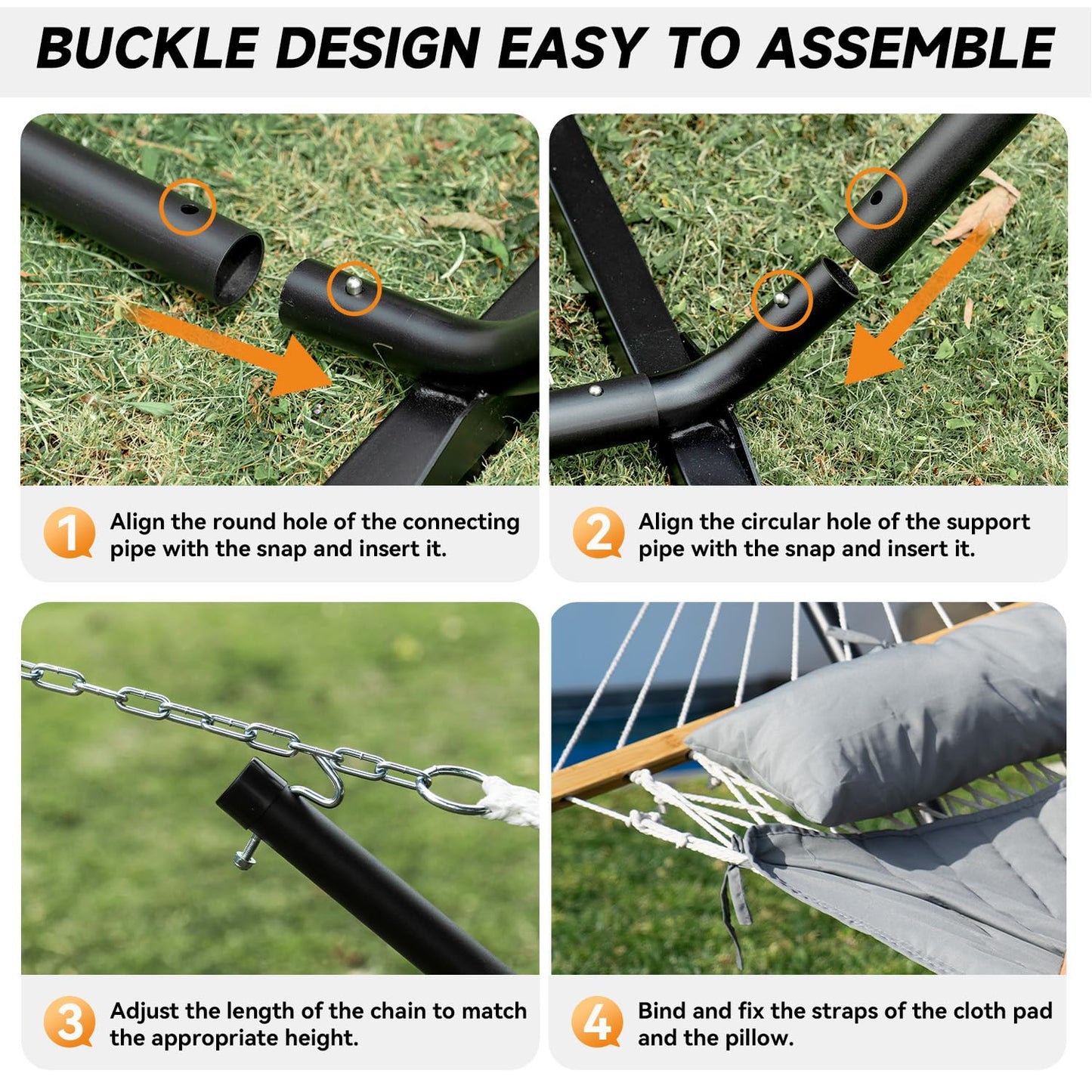 Everyfun 2 Person Outdoor Hammock with Stand, Cotton Rope Hammock with Polyester Pad, Adjustable Steel Frame, Portable with Carrying Bag – for Patio, Backyard, Garden, Beach, Urban-Gray