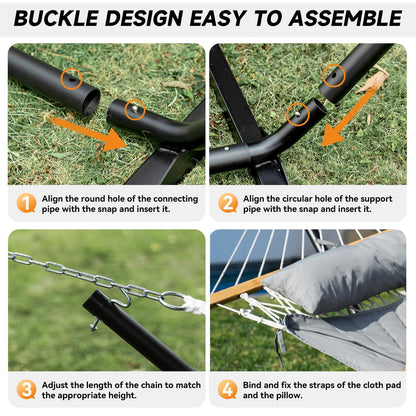 Everyfun 2 Person Outdoor Hammock with Stand, Cotton Rope Hammock with Polyester Pad, Adjustable Steel Frame, Portable with Carrying Bag – for Patio, Backyard, Garden, Beach, Urban-Gray