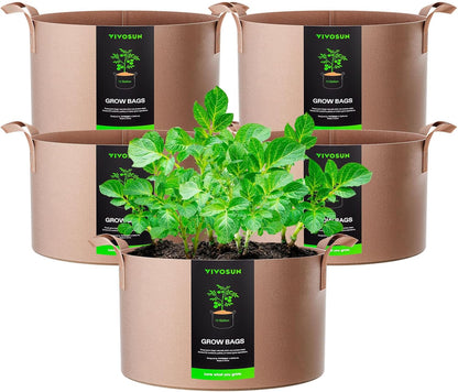 VIVOSUN 15 Gallon Heavy Duty Grow Bags - Thickened Nonwoven Fabric Pots with Strap Handles | Tan - 5-Pack