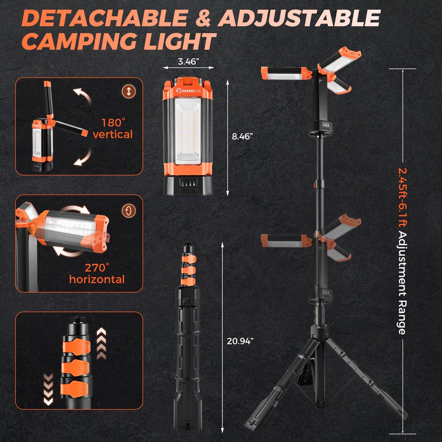SakerPlus Portable Camping Light with Stand, 20000mAh Outdoor Work Light 800-3200 Lumen, 6.1ft Height with Detachable Tripod, 3300-6500K Dimmable LED, Camping Essentials Gear Emergency Flashlight