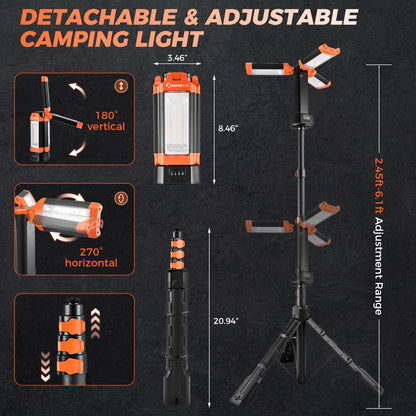 SakerPlus Portable Camping Light with Stand, 20000mAh Outdoor Work Light 800-3200 Lumen, 6.1ft Height with Detachable Tripod, 3300-6500K Dimmable LED, Camping Essentials Gear Emergency Flashlight