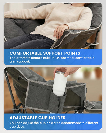 Upgrade Oversized Padded Comfy Camping Chair with Removable Leg Rest,Adjustable Cup Holder,Built-in Comfy Foam Armrest Supports,Heavy Duty Outdoor Round Folding Chair for Camping, Carry Bag, Gray
