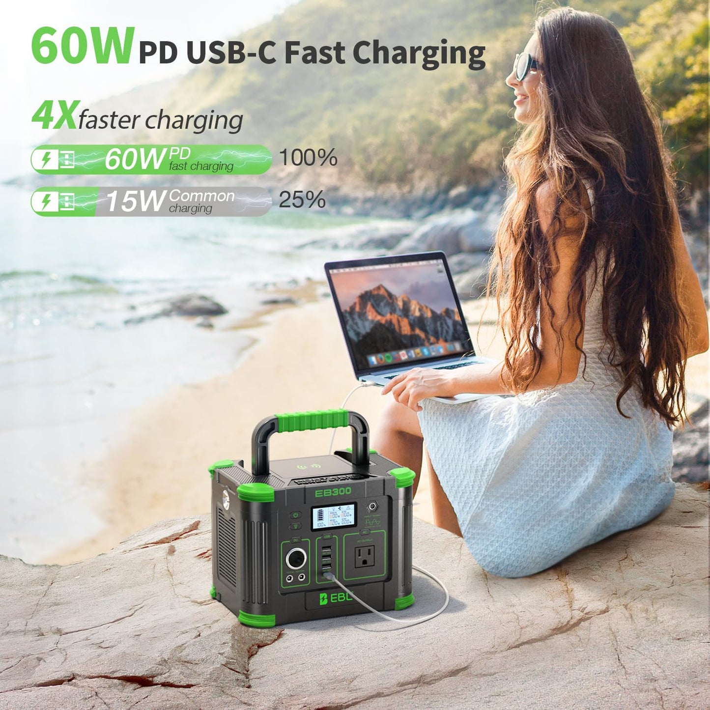 EBL Portable Power Station, 330W 288.6Wh Solar Generator 60W USB-C PD, 5W Wireless Charger, SOS Emergency Light, Multi-Port Power Supply for Outdoor Camping, Home Blackout, RV Travel