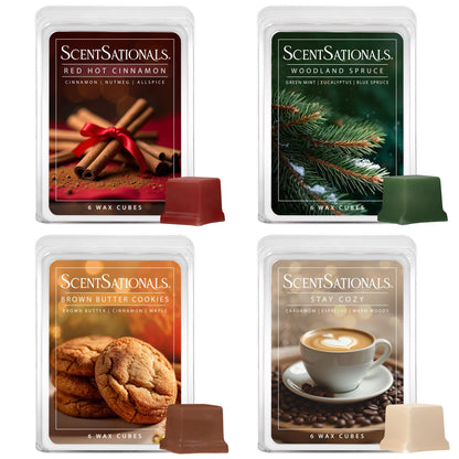 Scentsationals Christmas Wax Melts Holiday Favorites 4pk – Long Lasting, Strong Scent Melts for Warmers, Includes Red Hot Cinnamon, Woodland Spruce, Brown Butter Cookies, & Stay Cozy, 10oz (24 Cubes)