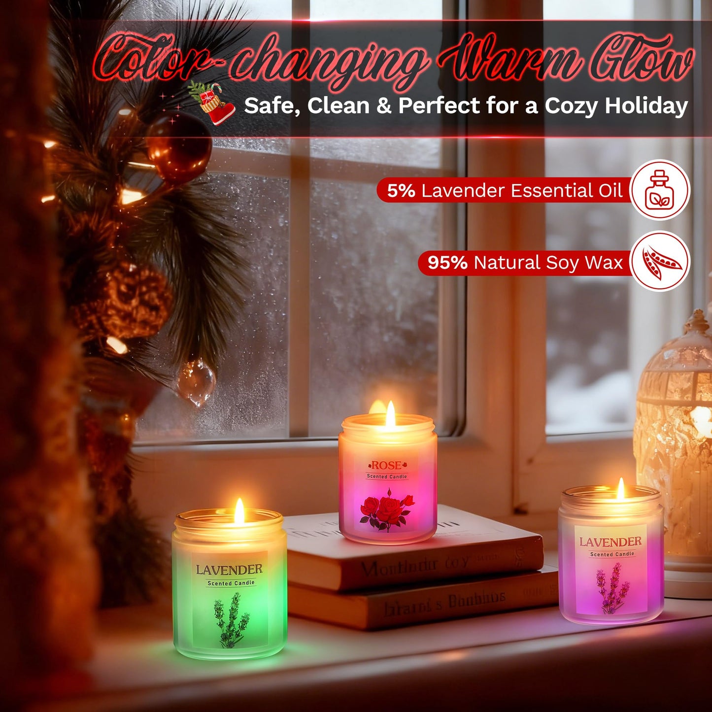 ElectricWise 3 Pack Glowing Scented Candles with Sensor Light, 21 Oz Aromatherapy Gifts for Women, Rose Vanilla Lavender Long Lasting Fragrance, Natural Soy Candle for Home Scented