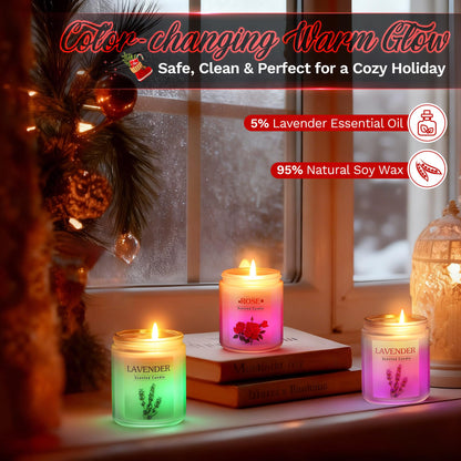 ElectricWise 3 Pack Glowing Scented Candles with Sensor Light, 21 Oz Aromatherapy Gifts for Women, Rose Vanilla Lavender Long Lasting Fragrance, Natural Soy Candle for Home Scented