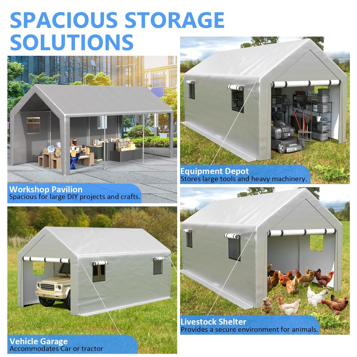 Jocoevol Carport 10x20 FT Enclosed Carport with Roll-up Windows, Portable Garage with Removable Sidewalls & Doors, Car Canopy Tent with Sandbags All-Season Tarp for Car Boat Truck Motorcycle