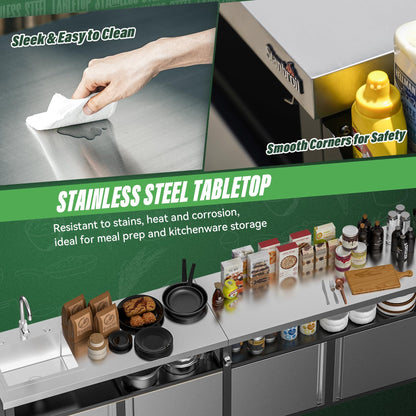 Stanbroil Rolling Outdoor Kitchen Island with Stainless Steel Table Top & Storage Cabinets, Sink&Faucet Included, Extra Large