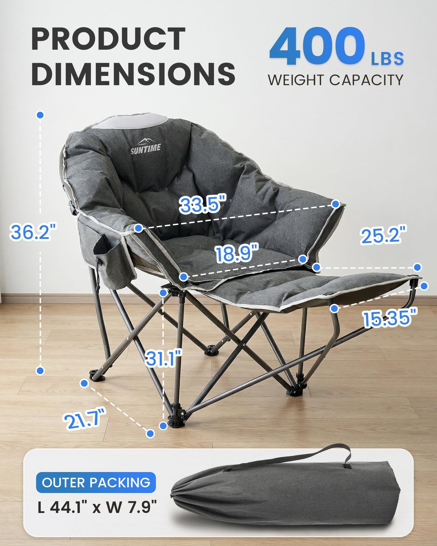 Upgrade Oversized Padded Comfy Camping Chair with Removable Leg Rest,Adjustable Cup Holder,Built-in Comfy Foam Armrest Supports,Heavy Duty Outdoor Round Folding Chair for Camping, Carry Bag, Gray