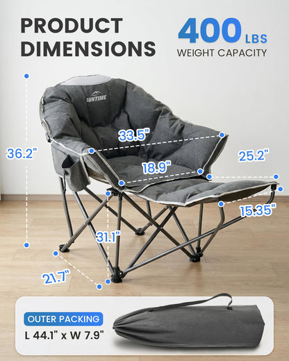 Upgrade Oversized Padded Comfy Camping Chair with Removable Leg Rest,Adjustable Cup Holder,Built-in Comfy Foam Armrest Supports,Heavy Duty Outdoor Round Folding Chair for Camping, Carry Bag, Gray
