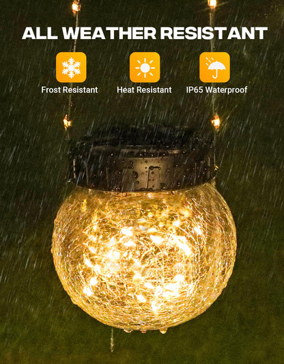 PARTPHONER Solar Lights Outdoor Waterproof 24-Pack, Solar Powered Hanging Lantern Cracked Glass Hanging Globes for Yard Decor Christmas Decoration, Shepherd Hook, Garden Tree Table Ornaments, Warm