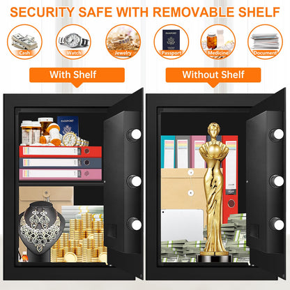 3.4 Cub Large Safes for Home, Security Fire Safe Box with Spare Keys, Alarm System, Digital Keypad and Removable Shelf, Anti-Theft Fireproof and Waterproof Safe Home for Document Medicine Valuables