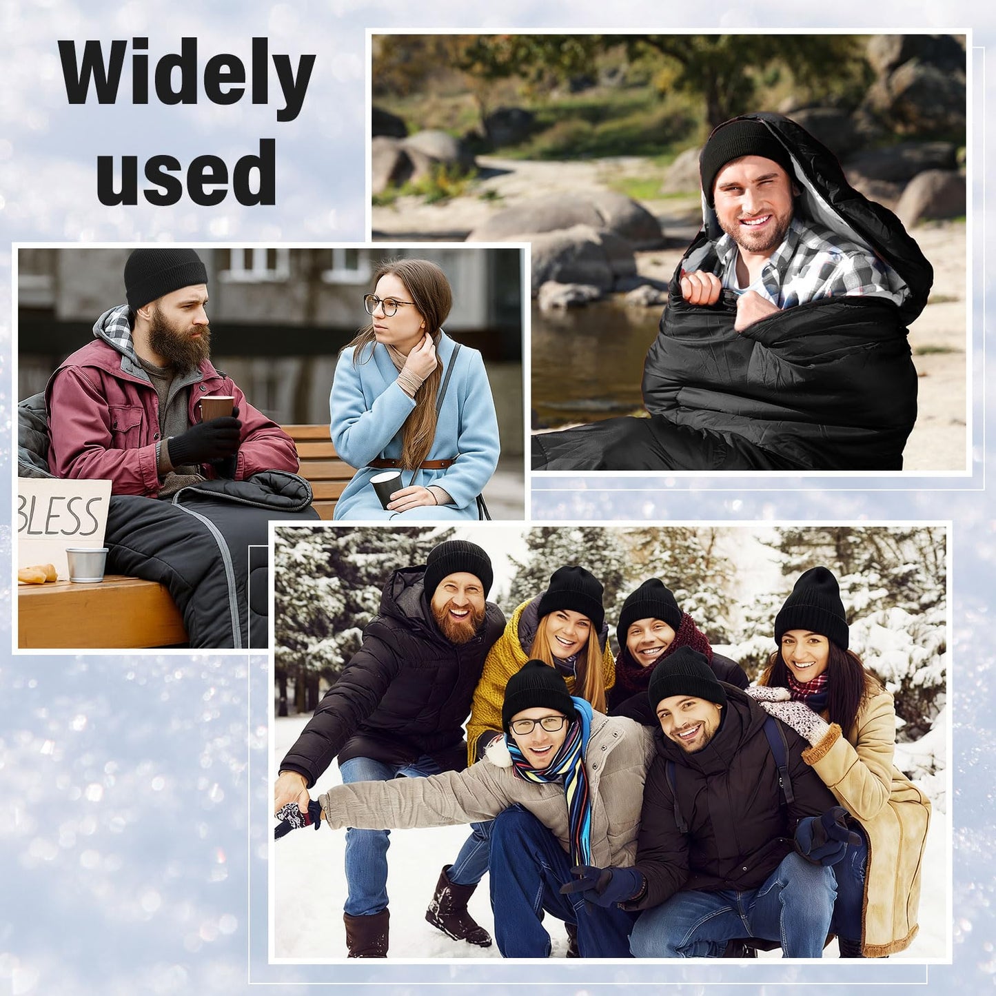 SmoothNovelty 80 Pcs Homeless Care Package Sleeping Bags Adult Bulk with Winter Beanies Hat Gloves Scarf Cotton Liner Waterproof Sleeping Bag for Camping Outdoor Church Donation Emergency(Black)