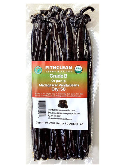 50 Madagascar Organic Vanilla Beans Grade B. Certified USDA Organic. 5"-7" by FITNCLEAN VANILLA for extract, Cooking and Baking. Whole NON-GMO Bourbon Pods