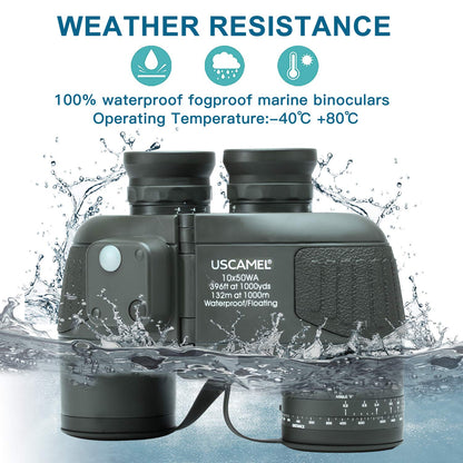 USCAMEL 10X50 Marine Binoculars for Adults with Rangefinder Compass, Waterproof Marine Binoculars for Sailing Boating Fishing