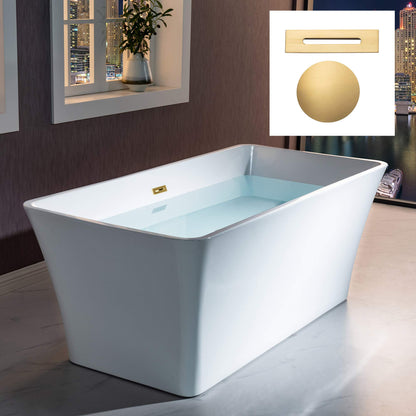 WOODBRIDGE 59" Acrylic Freestanding Bathtub Contemporary Soaking White Tub with Brushed Gold Overflow and Drain，BTA1509 -BG-Drain &O