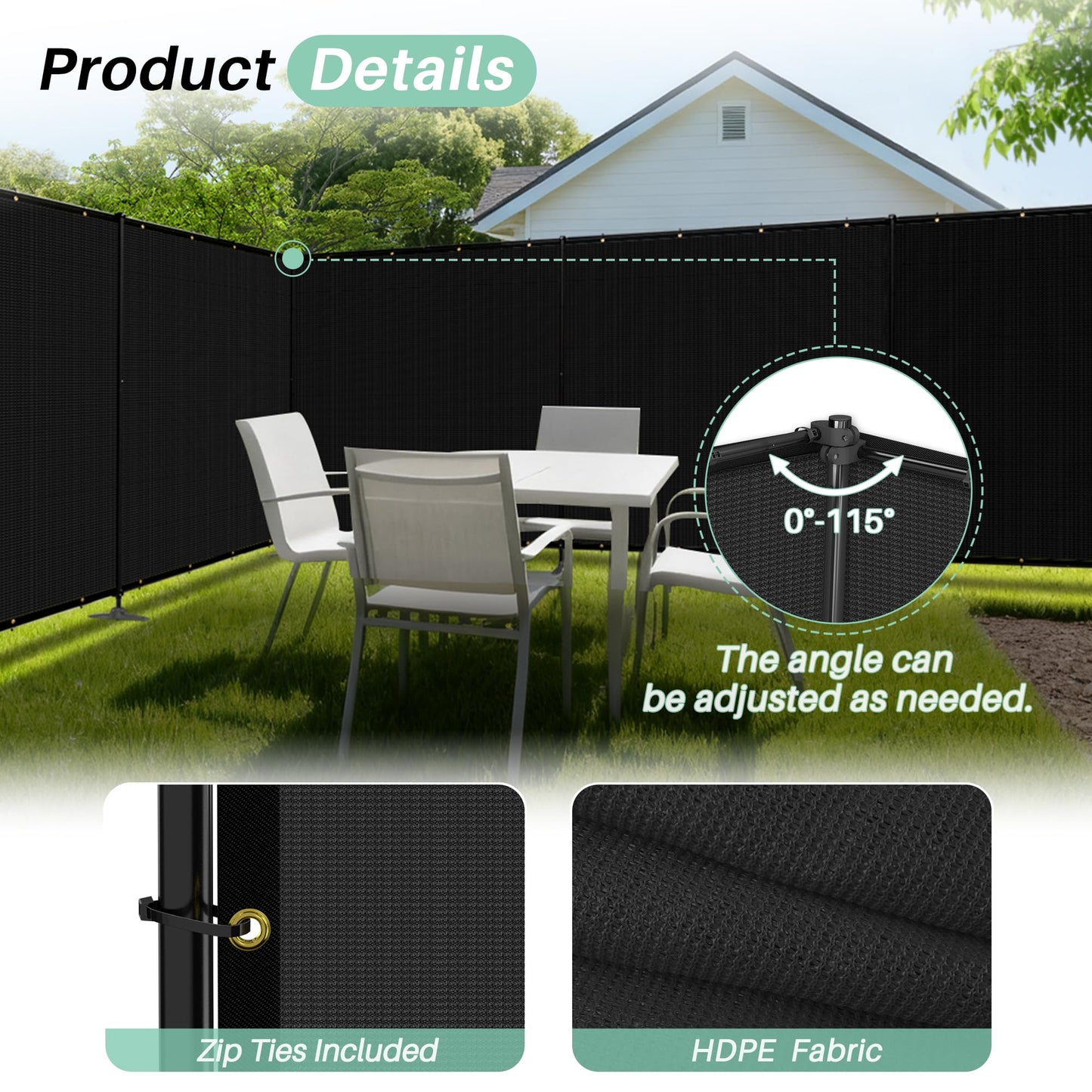 SunnyRoyal 5' x 24' Privacy Fence Screen Panel with Iron Poles Freestanding No Dig Heavy Duty Windscreen Mesh Fabric Temporary Dog Fencing for Outdoor Backyard Patio Garden (Black)