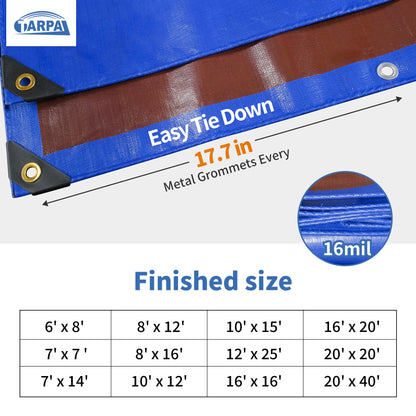 TARPAL 20x40ft Waterproof Heavy Duty Tarp 16Mil Thick with Metal Grommets Every 17.7" Large Multipurpose Tarp Tear-Resistant UV Protection Covers Roof, Pool,Car,Firewood&Outdoor Furniture(Blue/Brown)