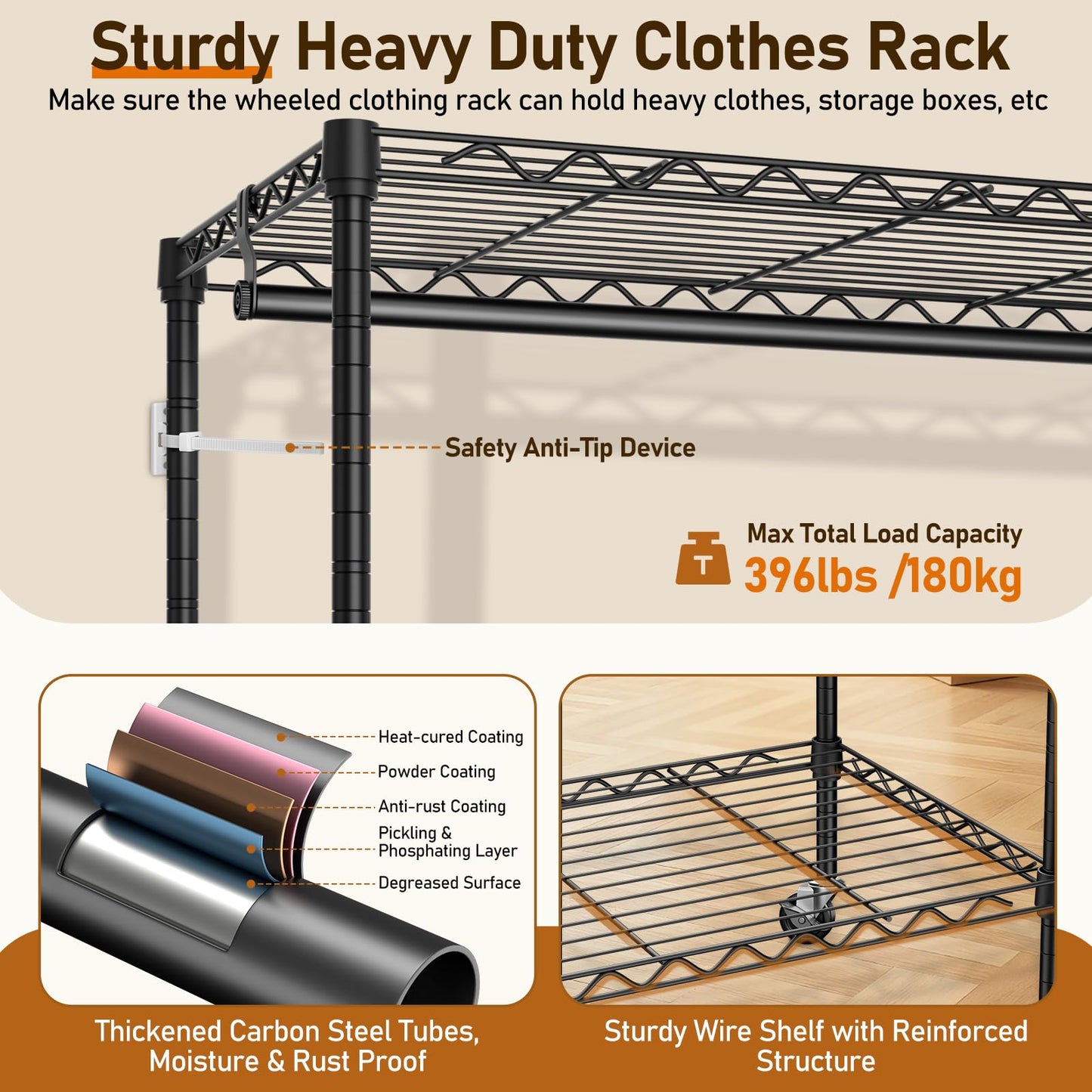 UEAKPIC 4 Tier Heavy Duty Wire Garment Rack, Adjustable Rolling Clothes Rack with Hanging Rod & Hook, Portable Closet Storage Organizers for Hanging Clothes, 35.4"W x 15.75"D x 70.9"H, 396LBS, Black