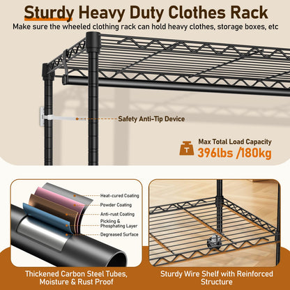 UEAKPIC 4 Tier Heavy Duty Wire Garment Rack, Adjustable Rolling Clothes Rack with Hanging Rod & Hook, Portable Closet Storage Organizers for Hanging Clothes, 35.4"W x 15.75"D x 70.9"H, 396LBS, Black