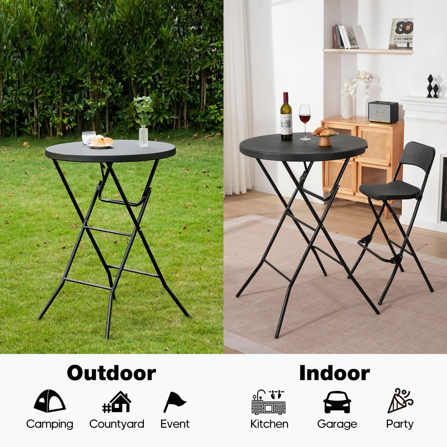 GlowitLian 32" Round Folding Table, Portable Bar Height Folding Table with Detachable Legs, Round Foldable Table with HDPE Top for Standing Parties, Balcony, Event, Indoor Outdoor Use (Black, 2 Pack)