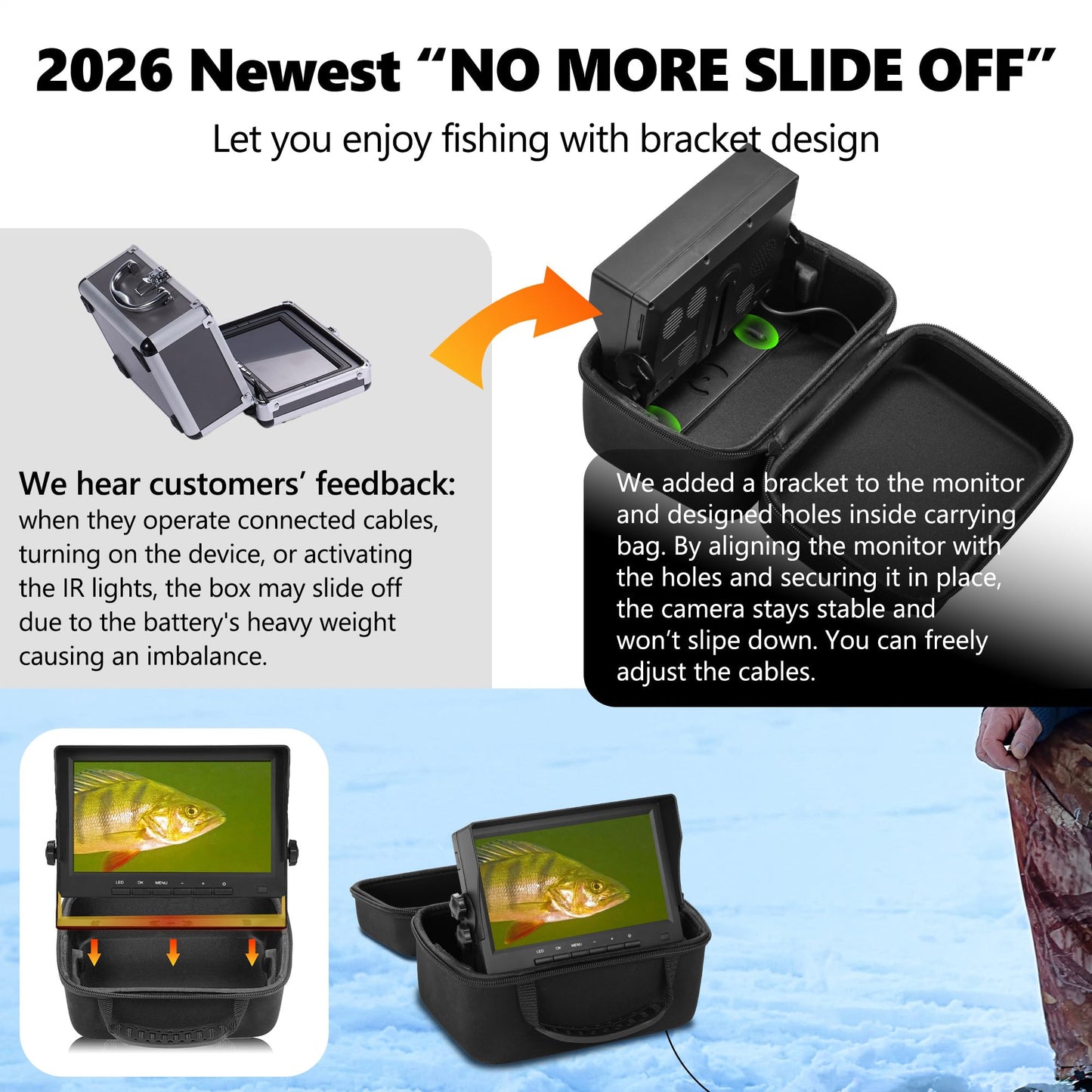 [FishPRO® 2026 Upgrade] Underwater Fishing Camera - [No Slide Off] 7'' Ice Fishing Camera Underwater 1200TVL w/Bracket,12pcs IR + 12pcs LED, 4,500mAh, Portable Fish Finder Ice Fish Gifts for Men, 65ft