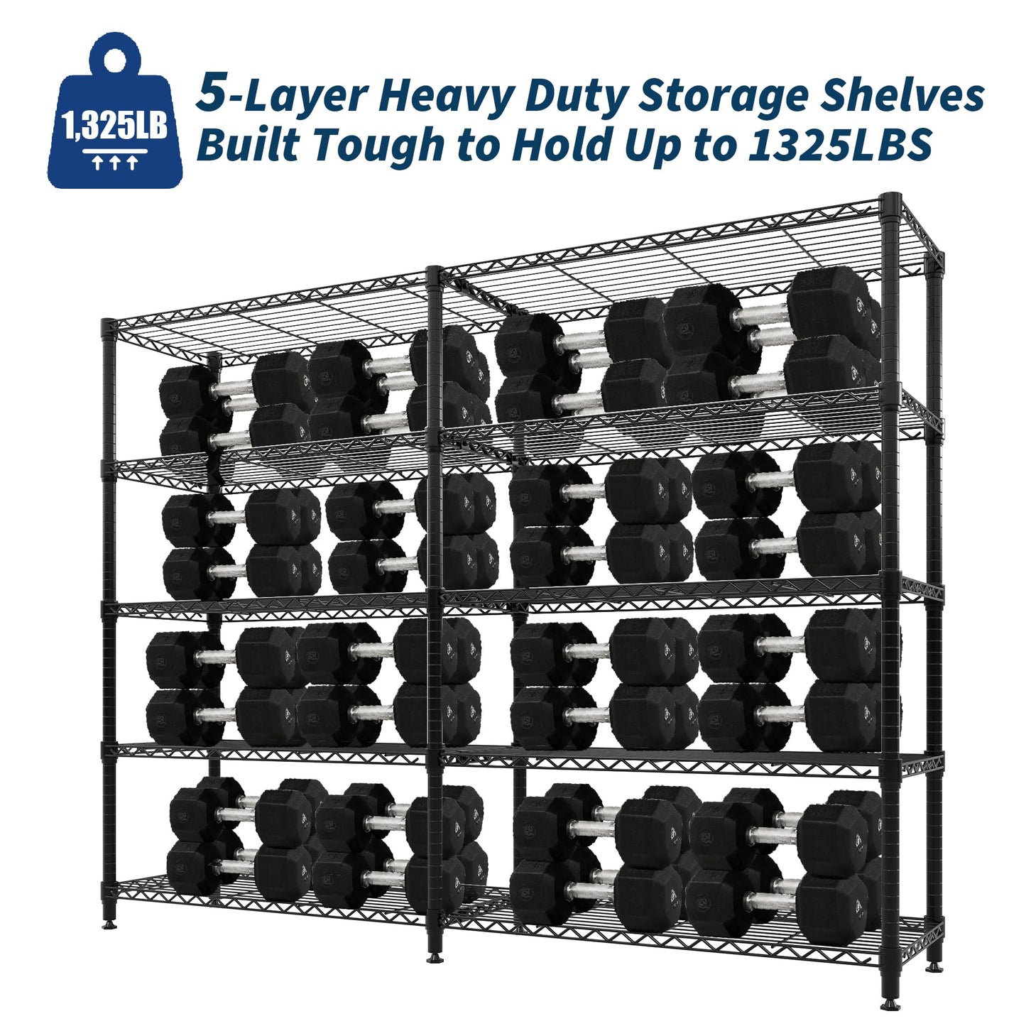 MilleLoom 5-Tier Metal Storage Shelves, Heavy Duty Wire Rack Shelving Unit for Garage Kitchen Storage, 15.7"D x 71"W x 70.5"H Adjustable Shelf for Basement & Pantry Room Organization, Easy Assembly