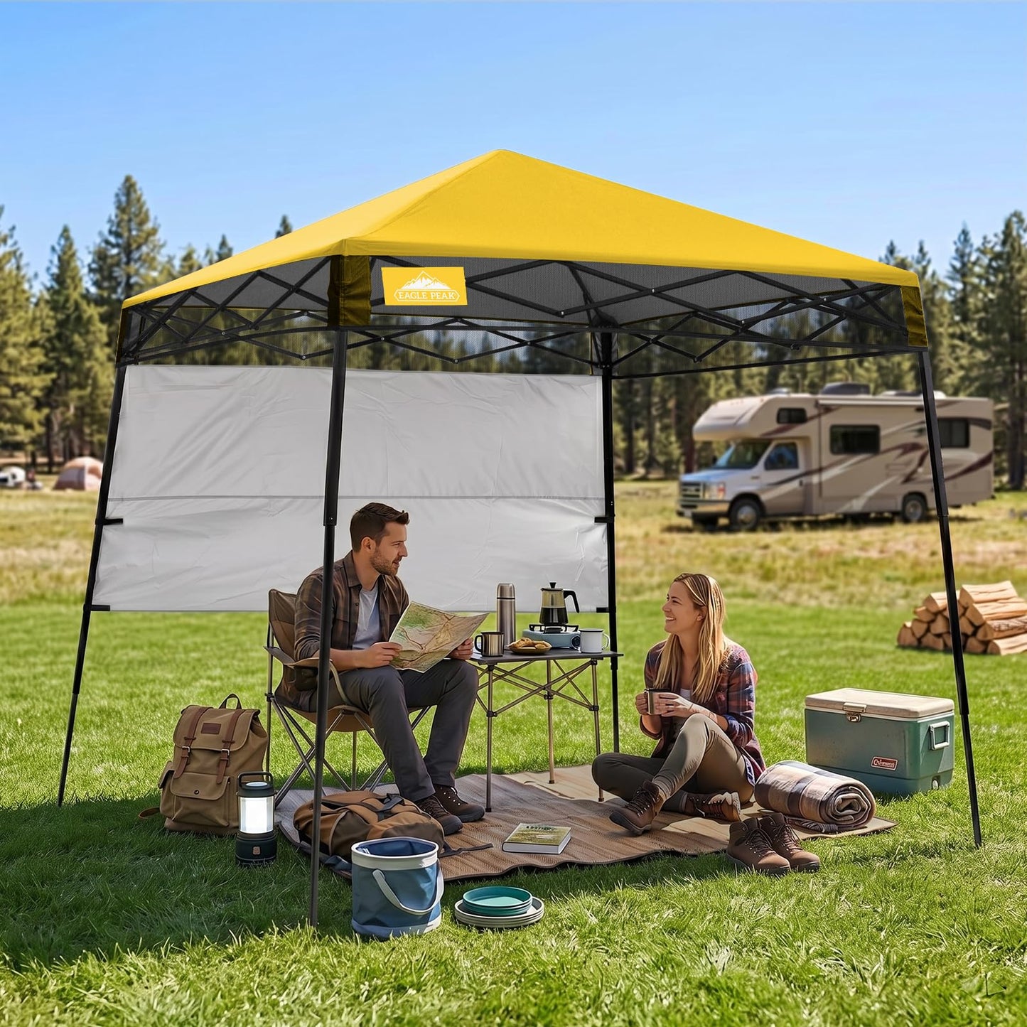 EAGLE PEAK 8x8 Pop Up Canopy Tent with Sidewall, Compact, Portable Slant Leg Instant Sun Shelter for Beach, Sports, & Camping, 8x8 Base 6x6 Top, Yellow